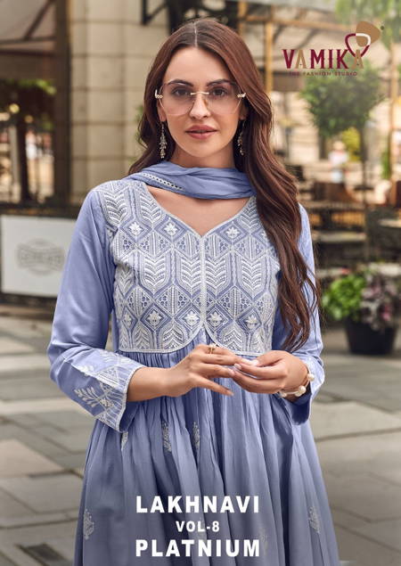 Lakhnavi Vol 8 Platnium By Vamika Rayon Wholesale Kurti With Bottom Dupatta In India